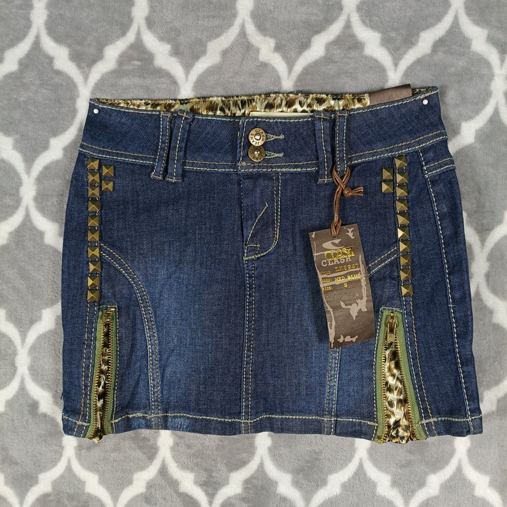 Clash Jeans Denim Mini Skirt Size Small Studded Leopard Y2K Punk Cowgirl